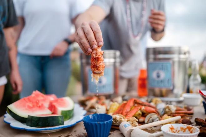 Fresh steamed seafood and watermelon spread from Topsail Steamer in Surf City, NC